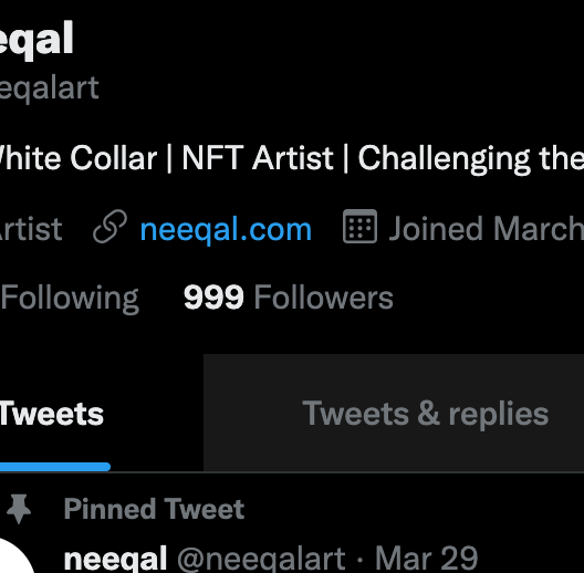 neeqalart's tweet photo. GN beautiful people! 
Almost there... 1 more and we'll break the 1k wall.

May not feel like a lot, but to me every one of you is meaningful and this has been an EPIC #NFT journey.

Thanks beasts 💪

See you soon at 9999 😉 https://t.co/LI1YBagT8Y