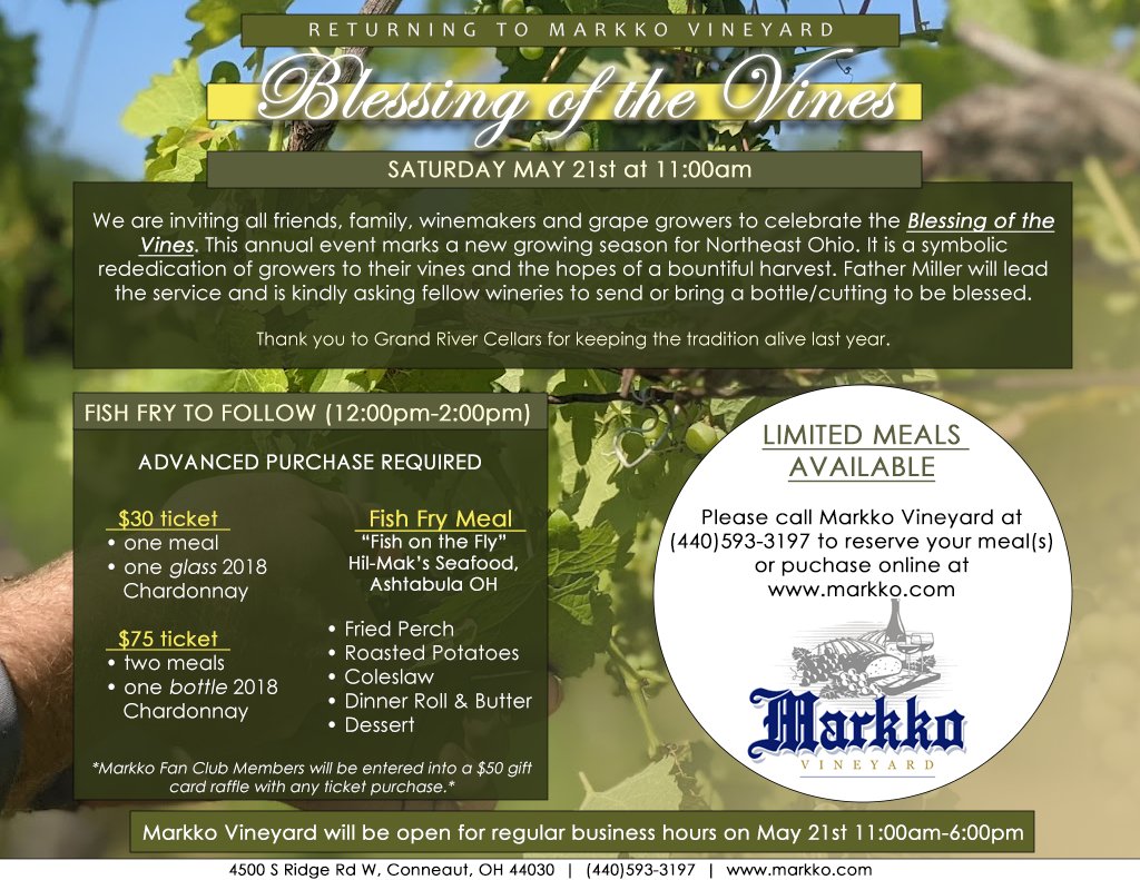 CheersMarkkoVyd's tweet photo. Invitation to the Blessing of the Vines/Wines and FISH FRY!
Reserve your tickets now.
https://t.co/8bGmEMNlZX
#markkovineyard #conneaut #AshtabulaWineCountry #FishFry #BlessingOfTheVines/Wine #Chardonnay #Hil-Maks #TouchOfGreyMusic
https://t.co/UrpHgSZizk https://t.co/PyeBtBHoOd