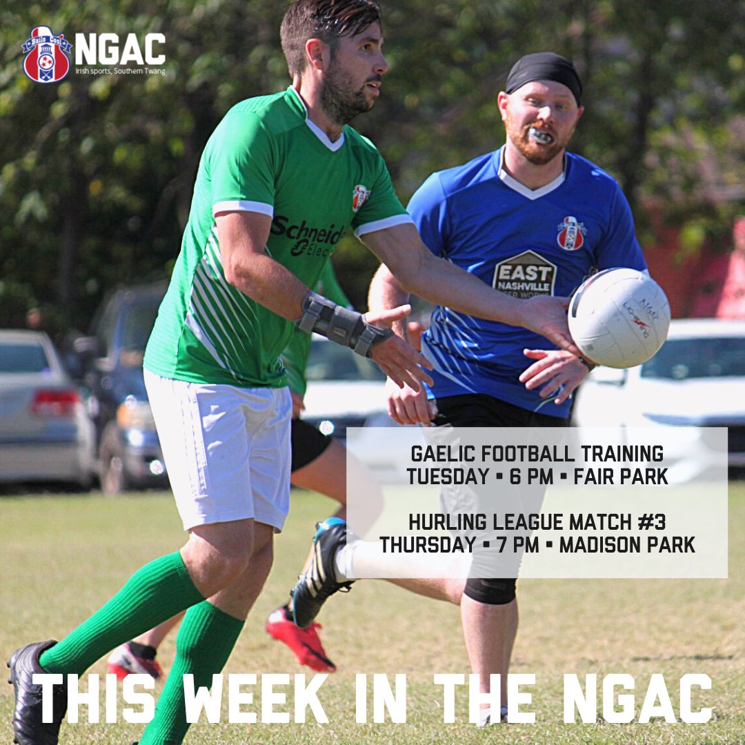 Gaelic football league is coming up quickly! First training is tomorrow night at 6 at Fair Park, near the new <a href="/NashvilleSC/">Nashville SC</a> stadium.

Hurling league match 3 takes place on Thursday at 7 pm at Madison Park. <a href="/Lightning100/">Lightning 100</a> is in the lead, but it's still anyone's season!