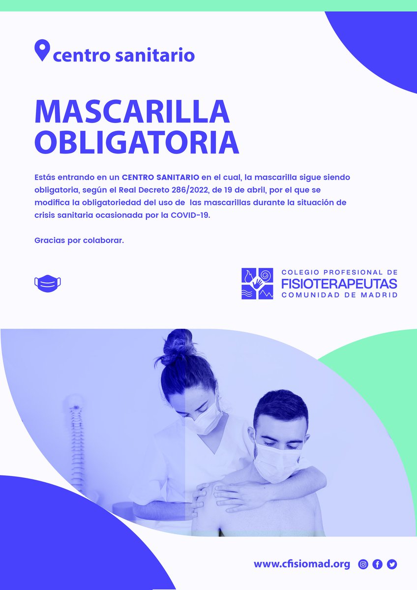 "El Consejo de Ministros del 19 de abril aprobará retirar el cubrebocas, que seguirá en el transporte público y los centros sanitarios y sociosanitarios. La medida entrará en vigor al día siguiente" (<a href="/el_pais/">EL PAÍS</a> ).

No es un capricho de los centros sanitarios, es una OBLIGACIÓN 😷