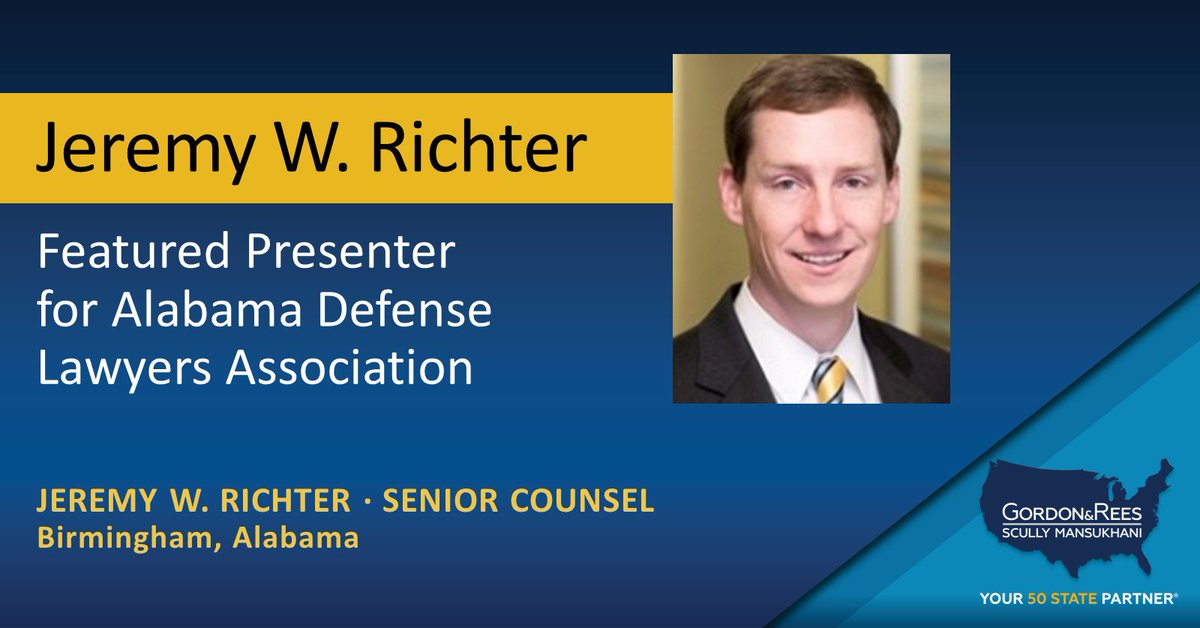 gordonreesllp's tweet photo. Jeremy Richter presented a session entitled, “Level Up Your Law Practice,” for the Alabama Defense Lawyers Association.

https://t.co/7lGwJZrRvm

@ALDefenseLaw #grsm #gordonrees #your50statepartner #lawfirm #law #legal https://t.co/LIBhTFYodn