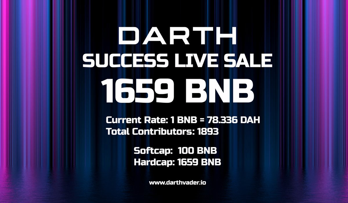 DARTH SUCCESS 🔥🔥🔥
Success live sale on PINKSALE
THANKS DARTH INVESTORS

Softcap 100 BNB    💰
Hardcap 1659 BNB 💰💰💰

darthvader.io

#DARTH #BSC #BSCGem #BSCGemsAlert #investment #DeFi #passiveincome