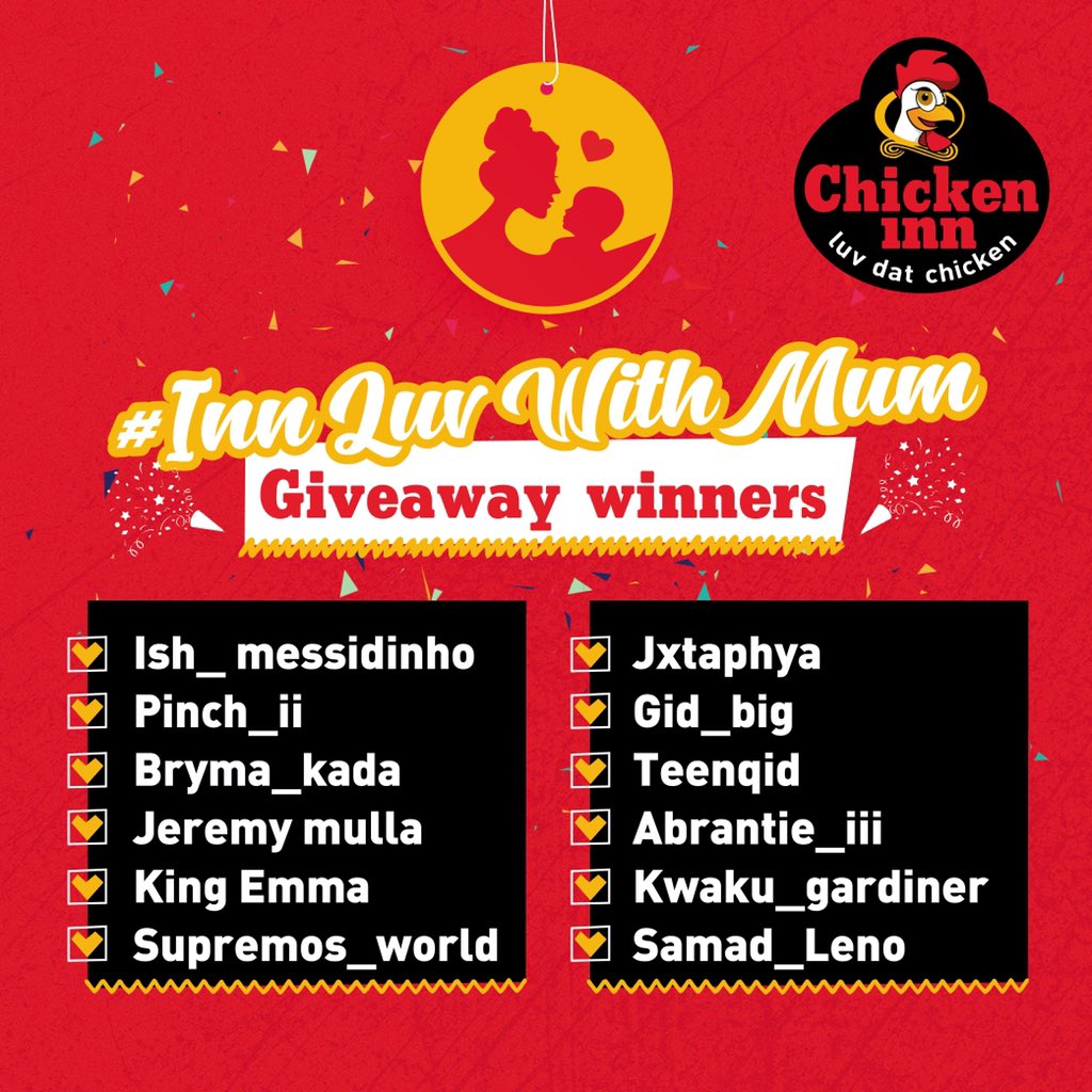 chickeninngh's tweet photo. Congratulations to our winners!
Thank you for your participation.
Enjoy your InnLuvwithMum treats ❤️
#InnLuvWithMum
#ChickenInnGh https://t.co/r56Kjugahw