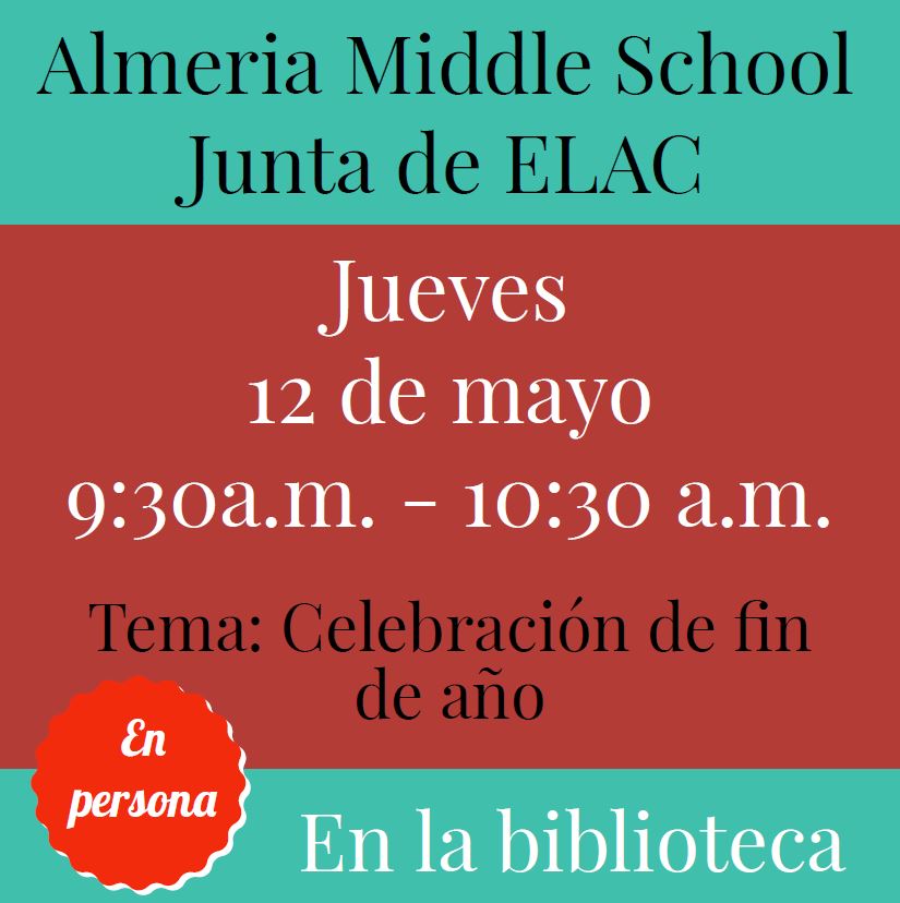 Please join us on Thursday, May 12, 2022 for our May ELAC Meeting from 930AM-1030AM, in the Library! We can't wait to see you there!