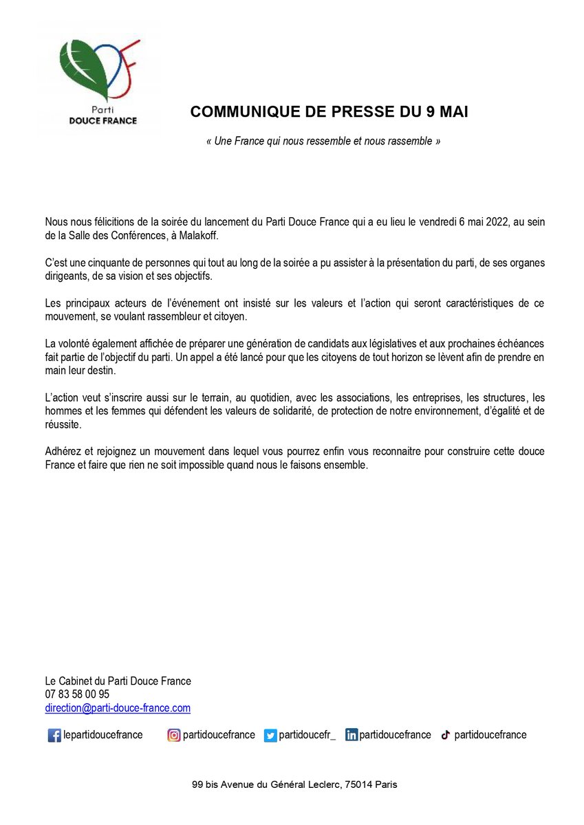 PartiDouceFr_'s tweet photo. COMMUNIQUE DE PRESSE DU 9 MAI

Suite au lancement du Parti Douce France, nous appelons chaque citoyen et citoyenne à se rassembler autour des notre mouvement.

Faites-vous connaître et rencontrer les membres du parti, où que vous soyez. https://t.co/LBd5efmq3k
