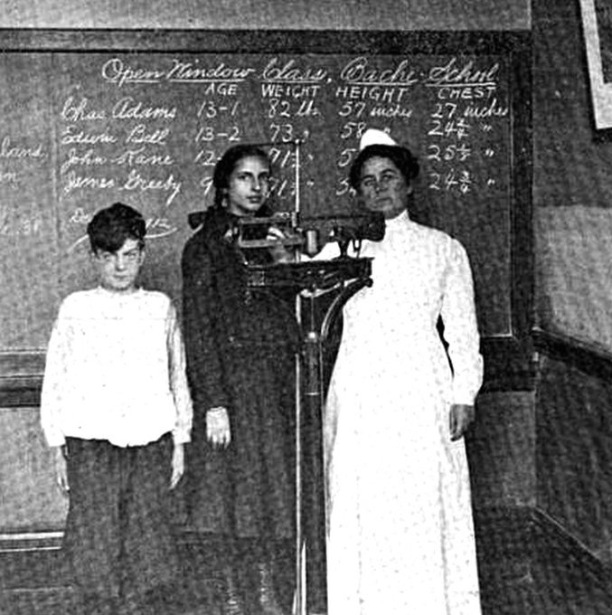 Black and white photo from the early 1900s of a woman in a long white nurse's gown with a boy and a girl next to a scale. 