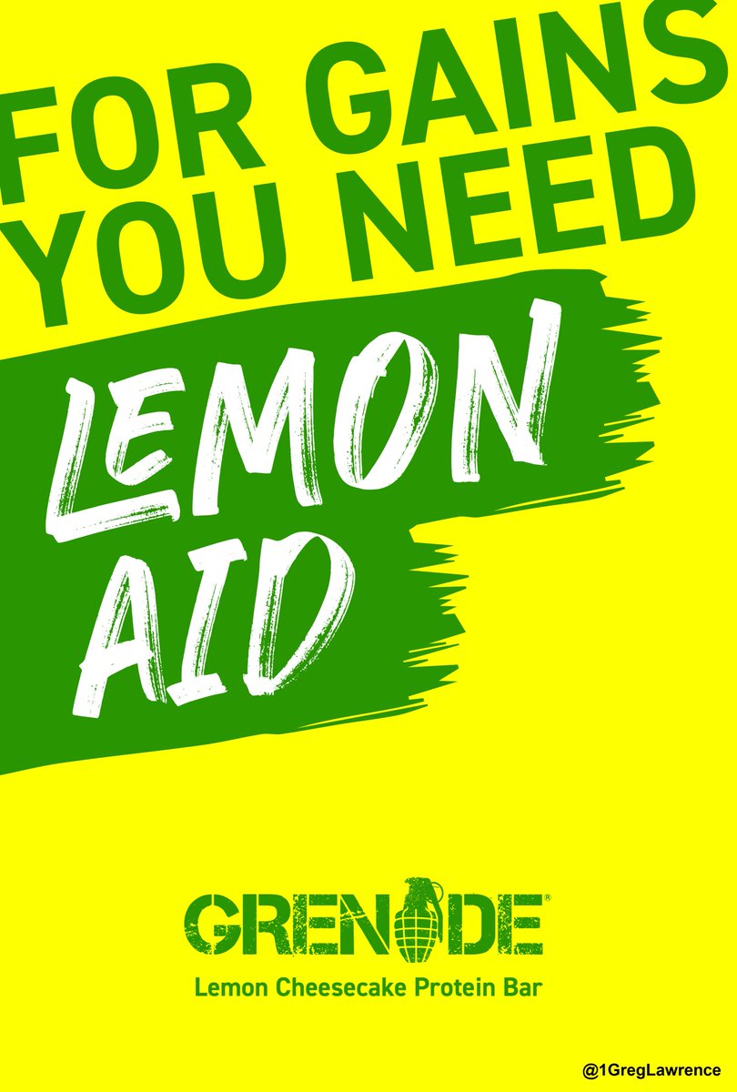 1GregLawrence's tweet photo. Nick Entwistle's @OneMinuteBriefs of the day. Promote Grenade's new Lemon Cheesecake protein bar. @GrenadeOfficial

Answer: For gains you need lemon aid

#GrenadeBar #Grenade #food #creativity #advertisingandmarketing #wellbeing #health #healthandwellbeing #socialmedia #branding https://t.co/iyxeY0V0mj