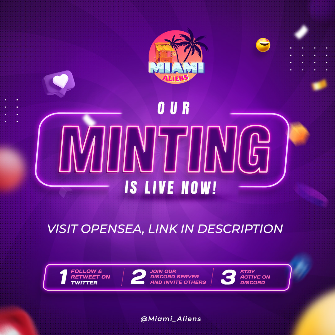 miami_aliens's tweet photo. Miami Aliens Minting is now live!
Blockchain👉🏻 Ethereum 
Link👉🏻https://t.co/V3lu9snTzs

Mint here! 
Opensea: https://t.co/jifMb9Hb5f https://t.co/uhZIvGfyPz