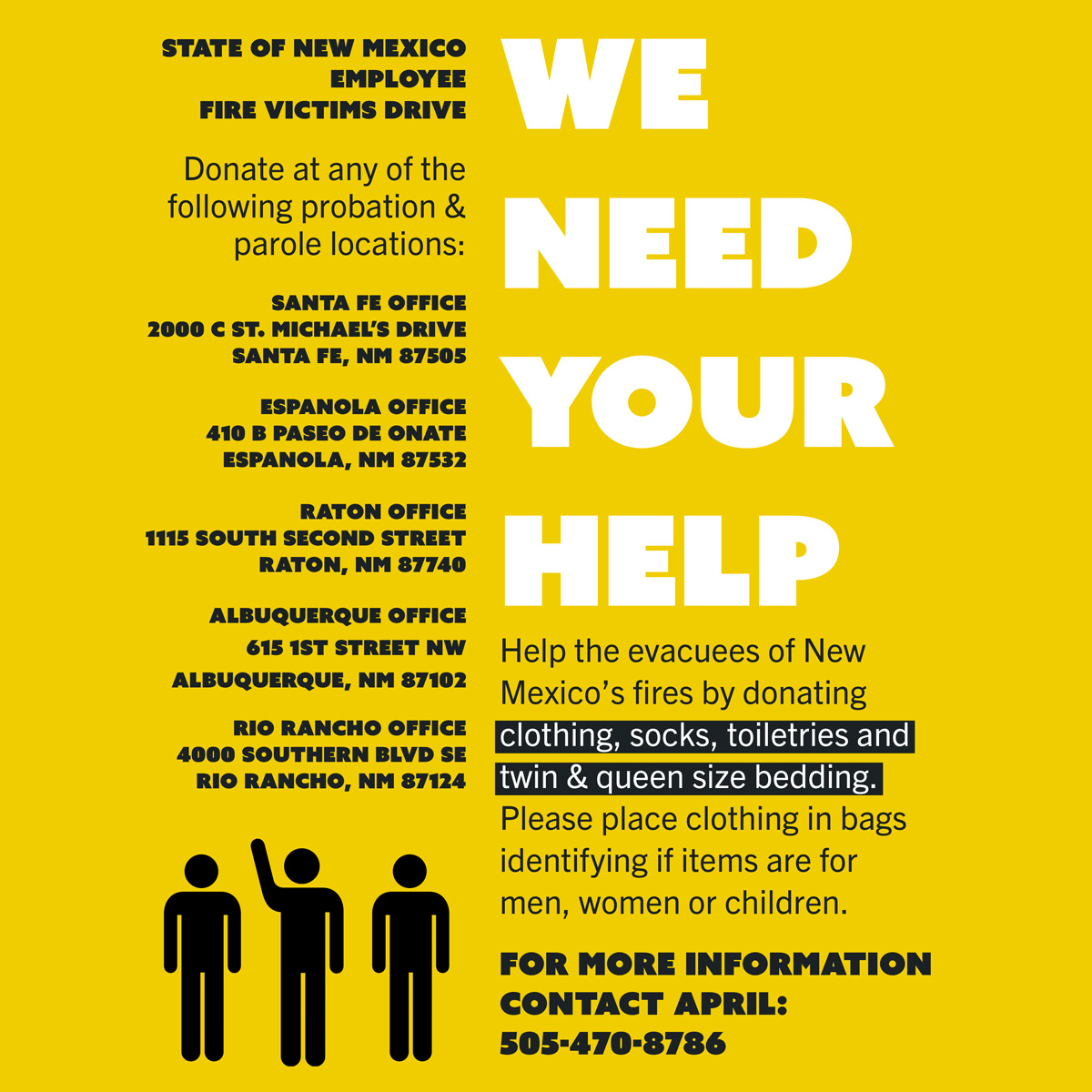Looking to help evacuees of the New Mexico fires? The State of NM Employee Fire Victims Drive is looking for donations! Donate clothes, toiletries, &amp; bedding in clearly marked bags at 615 1st NW. For more info, please call 505-470-8786. Thank you, #Albuquerque! #OneAlbuquerque