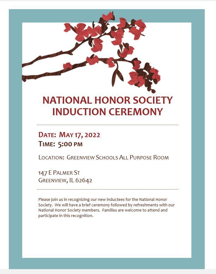 We will be having a ceremony to welcome our new National Honor Society members for this year.  We have new members from the Sophomore, Junior, and Senior class.   If you have any questions, please reach out to the school.