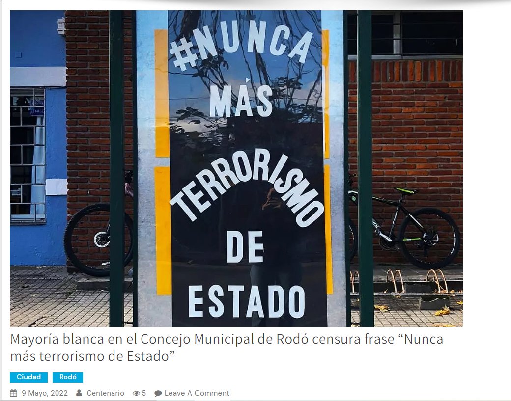 Mayoría blanca en el Municipio de Rodó (Soriano) ordenó retirar un cartel con la frase “Nunca más terrorismo de Estado” que habían colocado en el liceo local. Propusieron colocarlo en otro lugar pero también se impidió, informa <a href="/PeriodicoCente/">Periódico Centenario</a> 
periodicocentenario.com.uy/mayoria-blanca…