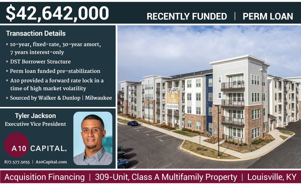 A10Capital's tweet photo. A10 is pleased to announce Tyler Jackson, Executive Vice President of Originations, closed a $42,642,000 non-recourse, acquisition permanent loan for a 309-unit, Class A, multifamily property in Louisville, KY.
#CommercialRealEstate #A10Capital https://t.co/m9PiGdSa3B