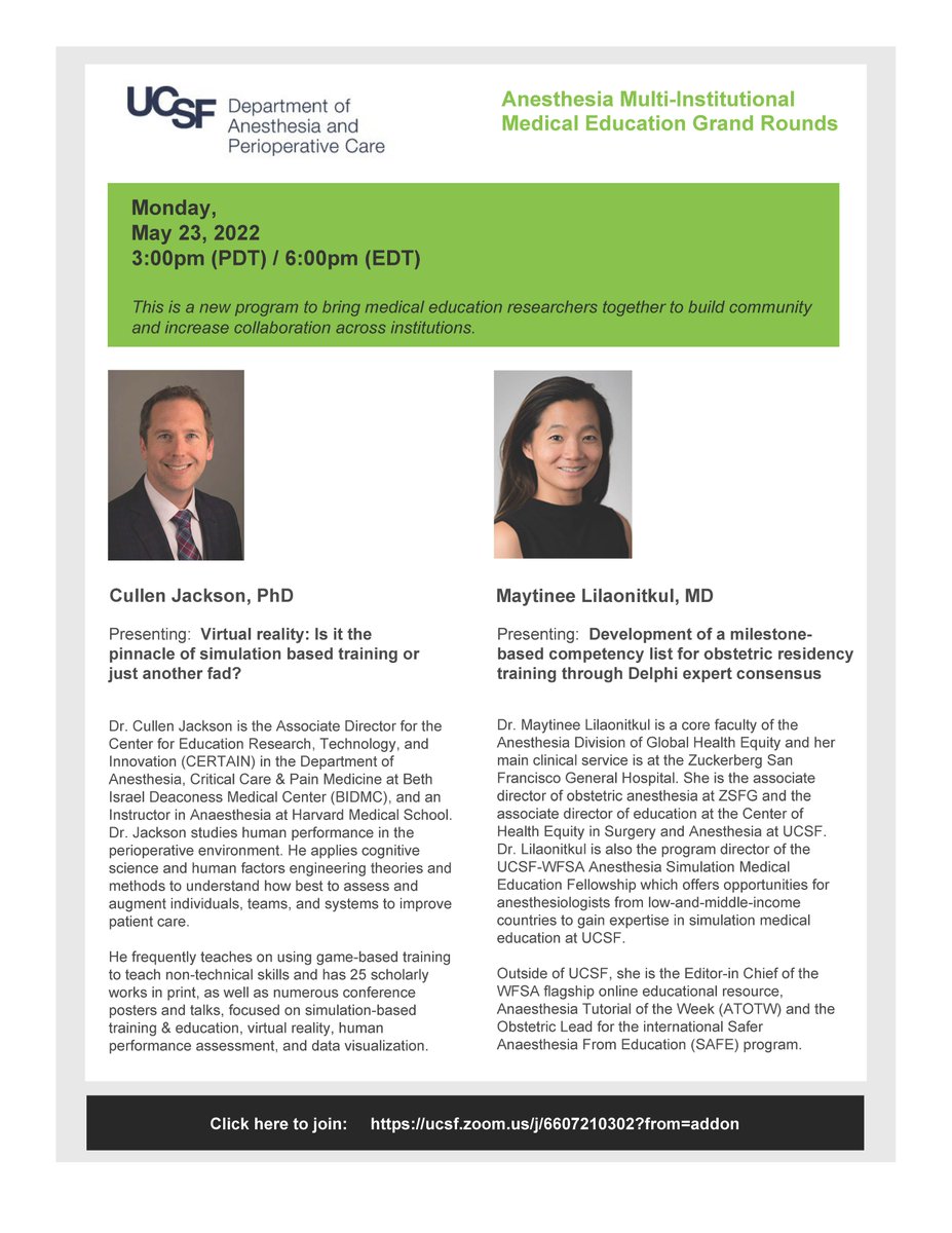 BIDMCAnesthesia's tweet image. Join @BIDMCAnesthesia @CullenJackson for his talk “#VirtualReality: Is it the Pinnacle of #SimulationBasedTraining or Just Another Fad?” at 5/23 (3 PM PDT, 6 PM EDT) @UCSFAnesthesia Multi-institution Medical Education Grand Rounds.
ucsf.zoom.us/j/6607210302?f…