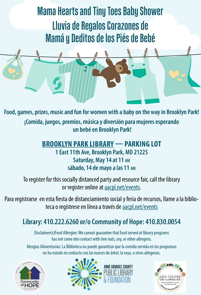 Mama Hearts &amp; Tiny Toes Baby Shower. To register, call the library or register online / Lluvia de Regalos Corazones de Mamá y Deditos de los Piés de Bebé. Para registrarse, llame a la biblioteca o regístrese en línea a través. aacpl.net/events