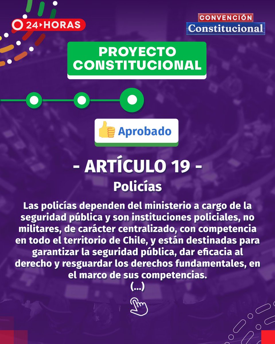 24HorasTVN's tweet photo. 🟡 Artículo 19.- Policías

🟢 APROBADO 👇🏻

🔄 Revisa este artículo ▶️ https://t.co/USjSqlJ20W

¿Qué propuestas son parte del borrador de la nueva Constitución? ▶️ https://t.co/1swiNxwqUf https://t.co/EUr7d17JbD