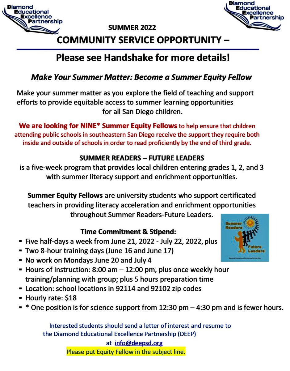 DEEPSanDiego's tweet photo. Calling all college students! Email your resume and cover letter to info@deepsd.org to apply for one of our Equity Fellow opportunities this summer! Only emailed applications will be considered. We look forward to hearing from you! #DEEPSD #Read2Kids #earlyreaders #futureleaders https://t.co/KggPuNBYYM