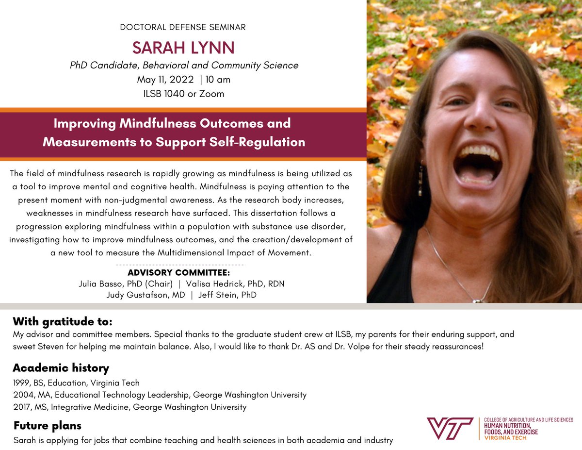 VTHNFE's tweet photo. Good luck to Sarah Lynn on her dissertation defense on mindfulness outcomes May 11th! @valisahedrick #vthnfedefense #PhD #vthnferesearch #vthnfestudents https://t.co/WVzolm74c8