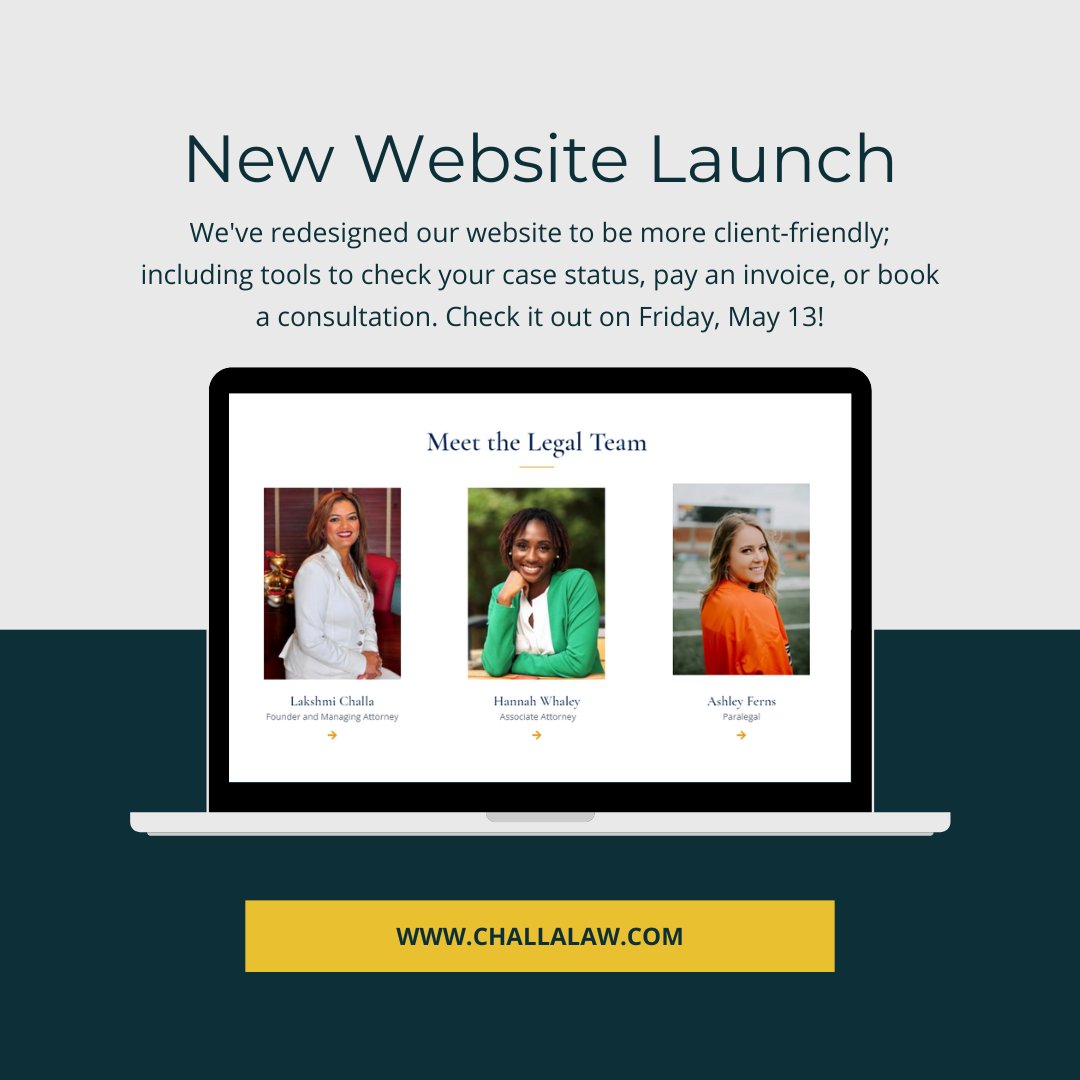 ChallaLaw's tweet photo. We're launching a new website this Friday, May 13! We've incorporated more client friendly tools so our website can be a "one-stop-shop" for all of your case-related needs. Check us out on Friday and let us know your feedback! https://t.co/iKjp3MmmrV