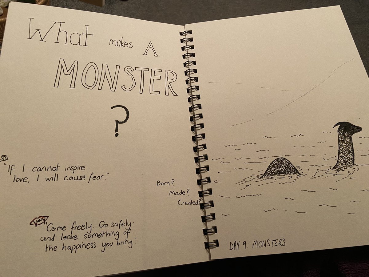 LouiseTreloar1's tweet photo. Today’s challenge from @JenniSpangler1 really made me (over)think! Too much thinking and not enough sketching. What makes a monster? Are they born or made? Are they evil? Can there be redemption? I should have just drawn a hat on Nessie and left it there! 🤣🤦🏻 #MagpieChallenge https://t.co/e0XfcWgUKT