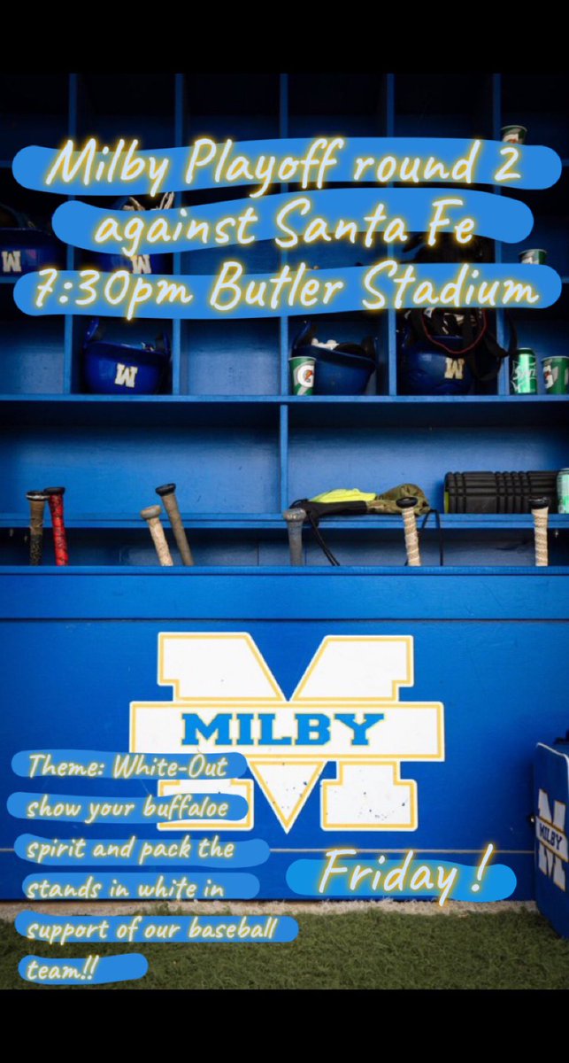 MilbyCo2022's tweet photo. ATTENTION ALL BUFFS, FAMILY, AND FRIENDS ITS ROUND TWO OF PLAYOFFS!! ⚾️🦬💙💛 come support our awesome baseball team as they take on the Santa Fe Indians this Friday @ home Butler Stadium with the theme being a white out⚪️! Share with friends and family let’s pack these stands! https://t.co/wwLuoIj1LR