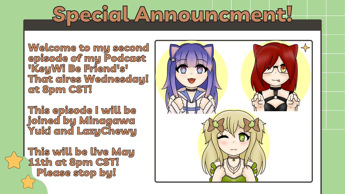 KeyWiCat's tweet photo. Woop Woop! This next episode of KeyWi Be Friends might be a tad lood :sweat: as I am joined by @Lazychewy_vt and her waifu for laifu @MinagawaYukiVT This will be streamed Wednesday at 8pm CST! https://t.co/Insbk2MJkR
#ENVtuber #VTuberUprising #VTuberEN #KeyWiBeFriends https://t.co/y1MiYAsB42