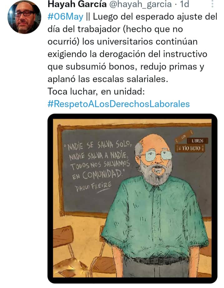 Sr <a href="/NicolasMaduro/">Nicolás Maduro</a>... dígale a Tibisay que los universitarios seguimos de pie exigiendo nuestros reales salarios... Bo a la aplanadora sobre tablas salariales