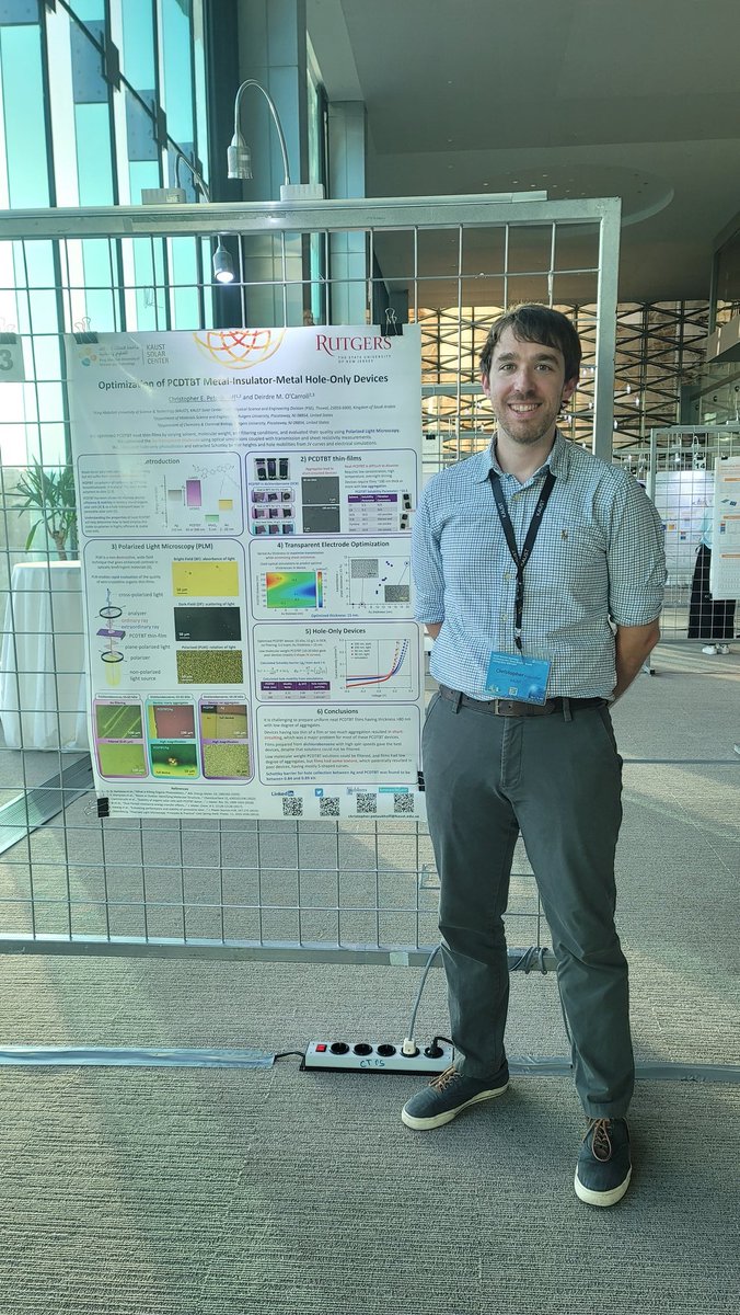 chrispygenes's tweet image. First poster presentation and first in person conference in 3 years. It&apos;s good to be back! Presented some old work with a new spin with a focus on #polarizedlightmicroscopy of #conjugatedpolymer thin-films at #KRCSolarConf2022 @KAUST_Solar @RUNanophotonics