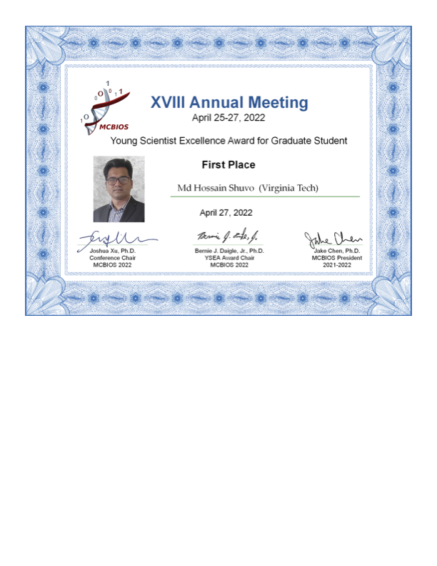 imDBhattacharya's tweet photo. Doctoral student Md Hossain Shuvo @mzs0149 won the 1st Place in the Young Scientist Excellence Award for Graduate Student at the MCBIOS 2022 conference. Congratulations to Hossain for making @VT_CS proud, not to mention the $500 cash prize😀 https://t.co/fIyDd0hI0u