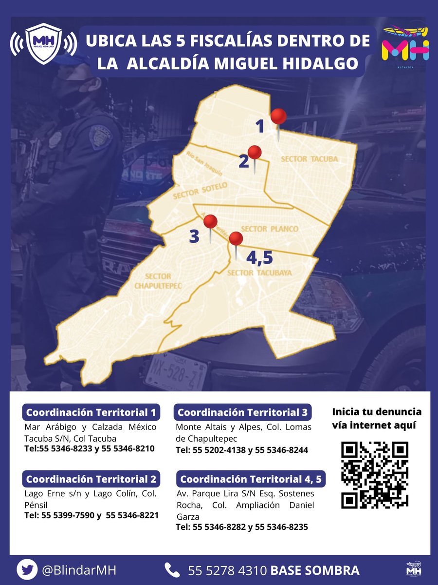 Hay cinco coordinaciones territoriales en la <a href="/AlcaldiaMHmx/">Alcaldía Miguel Hidalgo</a> donde puedes realizar una denuncia o presentar una queja. ¿Las conoces?
Te dejamos este mapa con las direcciones📍y sus teléfonos☎️ en caso de que lo necesites.👇
#BlindarMH🛡️