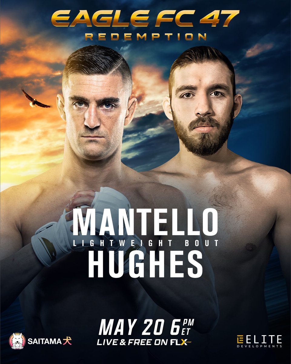🇺🇸 Dylan Mantello vs. Dennis Hughes 🇺🇸 

These two 155lb’ers will meet for a second time, after Mantello defeated Hughes by decision in 2019 👀

#EagleFC47: Dos Santos vs. De Castro | Friday May 20 | Watch Eagle FC LIVE and FREE. Sign up today at EagleFC.com