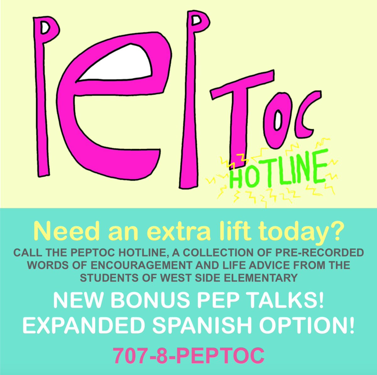 jessmartinart's tweet photo. NEW pep talks on the viral Peptoc Hotline, created by the students at West Side Elementary! https://t.co/wsh4fN9k4d
707-873-7862
Press:
1  if you're frustrated
2  for life advice
3  kinder pep-talks
4  laughing children
5  Spanish
6  for compliments
7  bonus advice
0  to donate https://t.co/bLw5QbcRiL