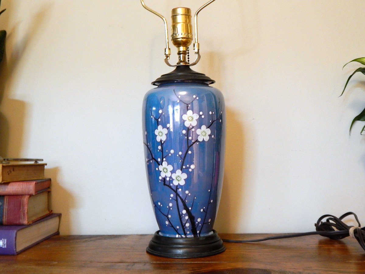 the latest addition to my #etsy shop: Vintage Blue White Blossom Lamp Hand painted Porcelain Lamp etsy.me/3Mck7qs #white #blue #entryway #countryfarmhouse #metal #vintageflorallamp #vintagelamp #farmhouselamp #glasslamp