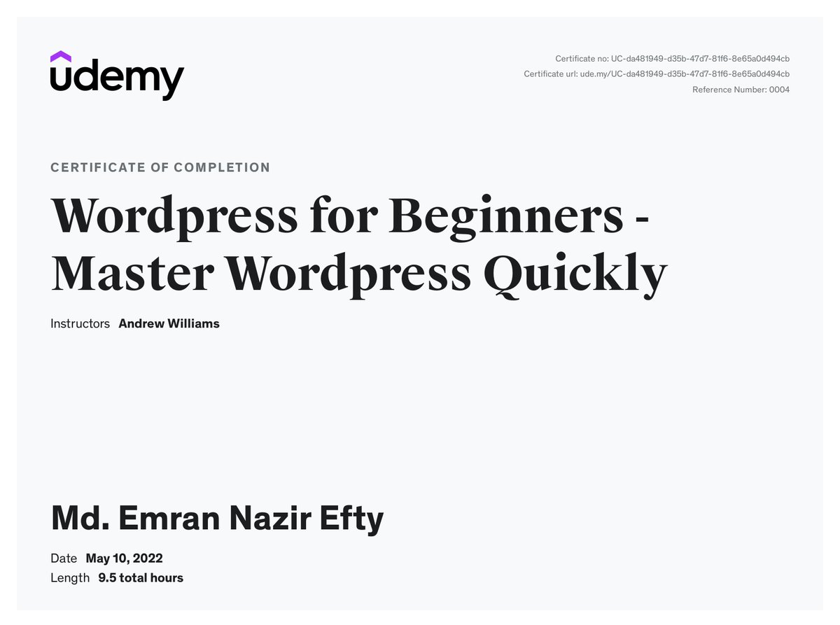eftymdemran's tweet image. My course completion certificate for "WordPress for Beginners - Master WordPress Quickly" 
ude.my/UC-da481949-d3… via @udemy