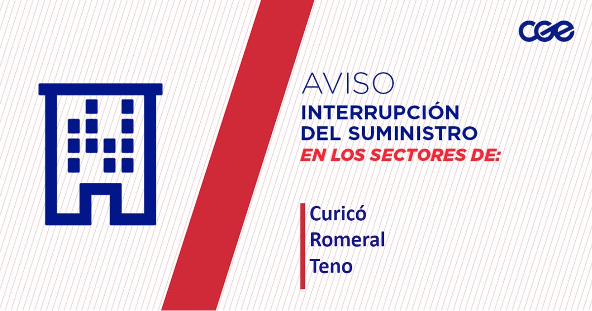 CGE_Clientes's tweet photo. Informamos a nuestros clientes de los sectores Ruta J-514, El Coigüe, J-520, Los Manzanos, El Quillay y aledaños, comuna de #Curicó #Romeral #Teno, la interrupción del suministro eléctrico. Nuestro personal de emergencia ya está informado @Cooperativa /RT https://t.co/oHfjw3S2oH