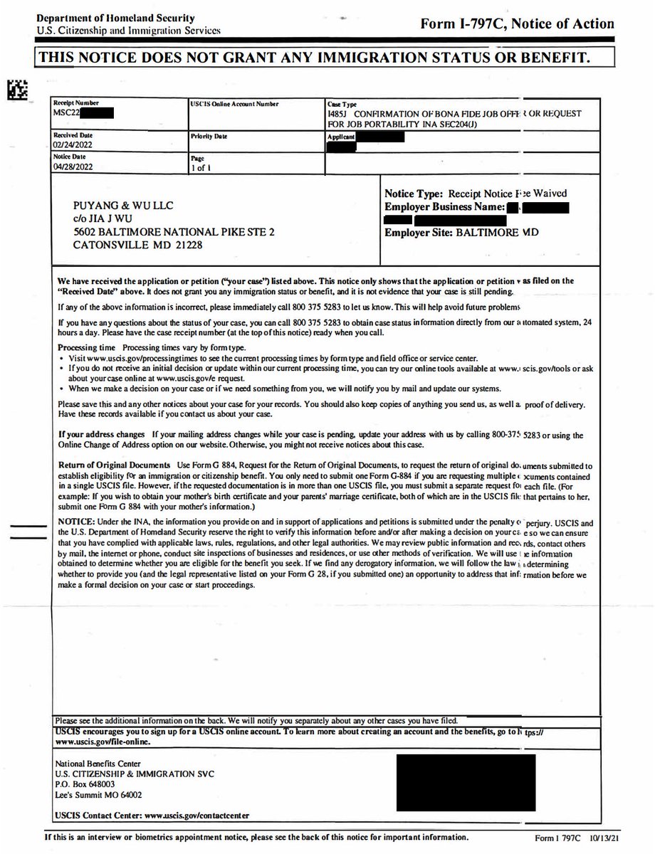 PuyangLaw's tweet photo. We are now receiving I-485 J receipt notices as a result of the “transfer of underlying basis” requests filed in January 2022. No I-485 approved yet as a direct result of the "transfer". #I485 #I485j

https://t.co/UPKVr8HGyO https://t.co/PbHv2dlVkO