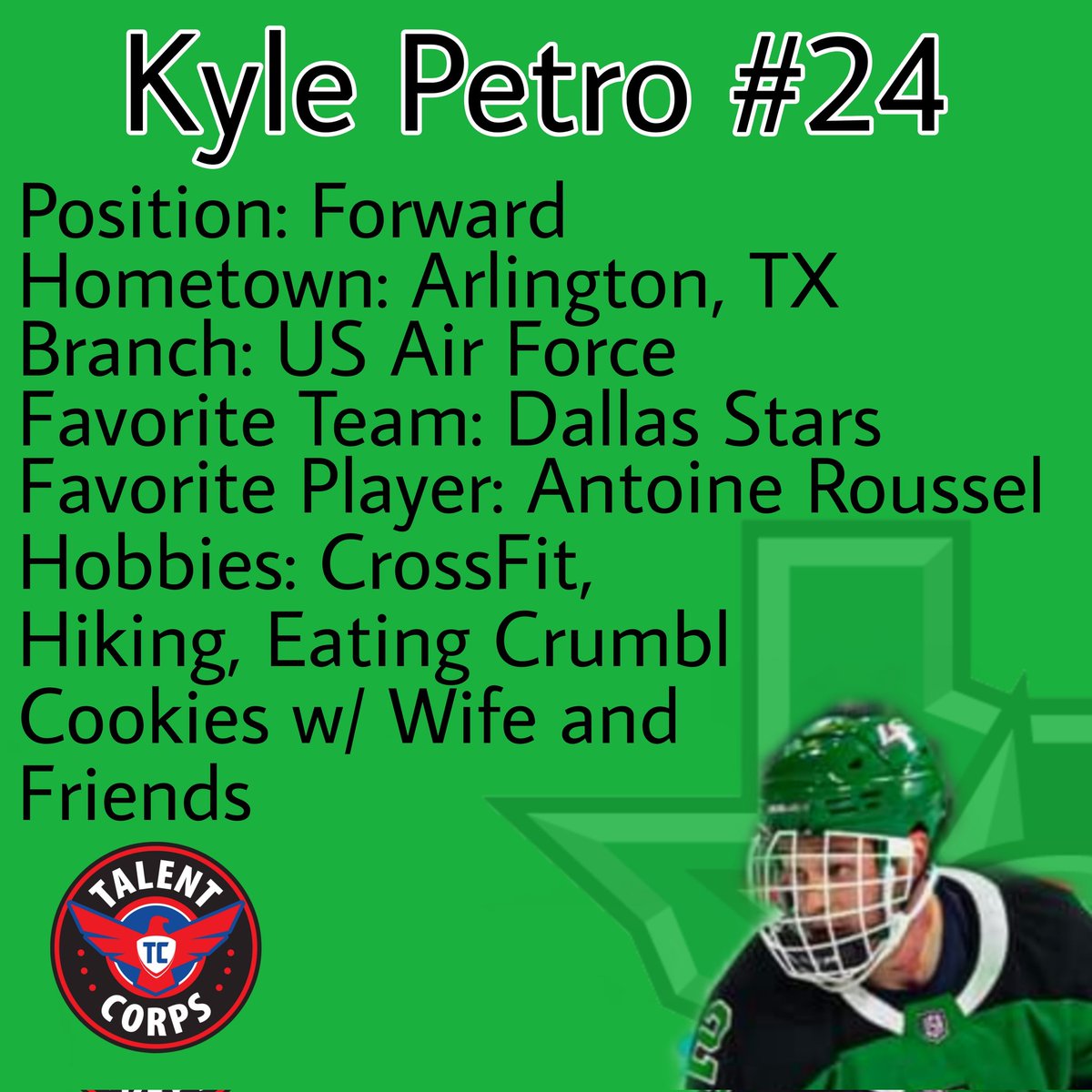 LS_Warriors's tweet photo. 'Get To Know A Lone Star Warrior'
Kyle Petro #24
#JoinTheCorp #TalentCorps #StrengtheningAmericasWorkforce
#LSW | #GreenBucketGuys
#TexasHockey https://t.co/FJBatNtz3z