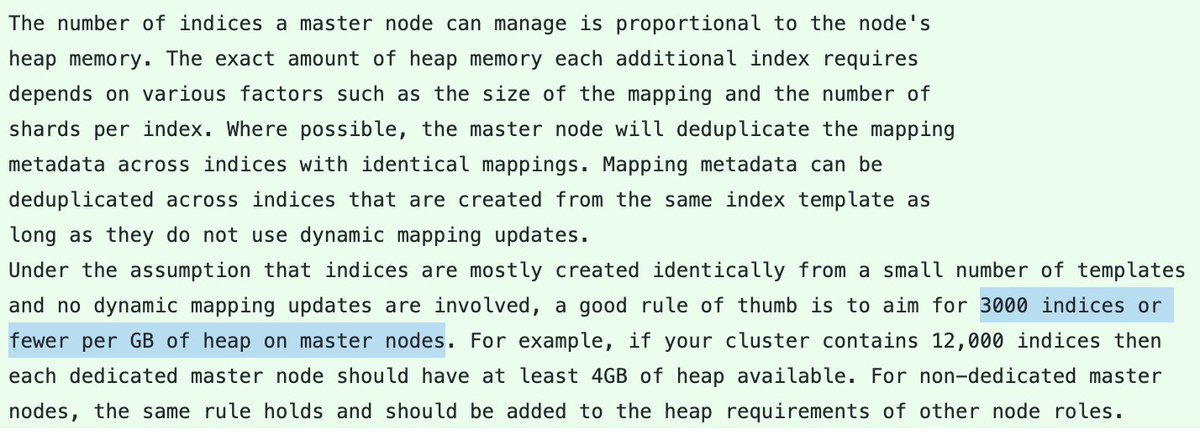 how many shards should you have per elasticsearch heap? big update on that one coming with lots of little changes accumulating in the background: github.com/elastic/elasti… (not yet merged)
things are a little more complex than "20 shards / GB heap max" but it's a big jump 🚀