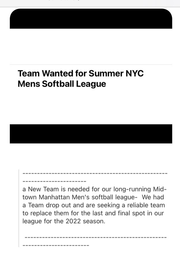 CPSLNYC's tweet photo. https://t.co/cdT8HTyhtJ

#softball #nyc #nycsoftball
#chelsea #centralpark #dewitt

Full Softball Team Needed! https://t.co/mm4A943uCW