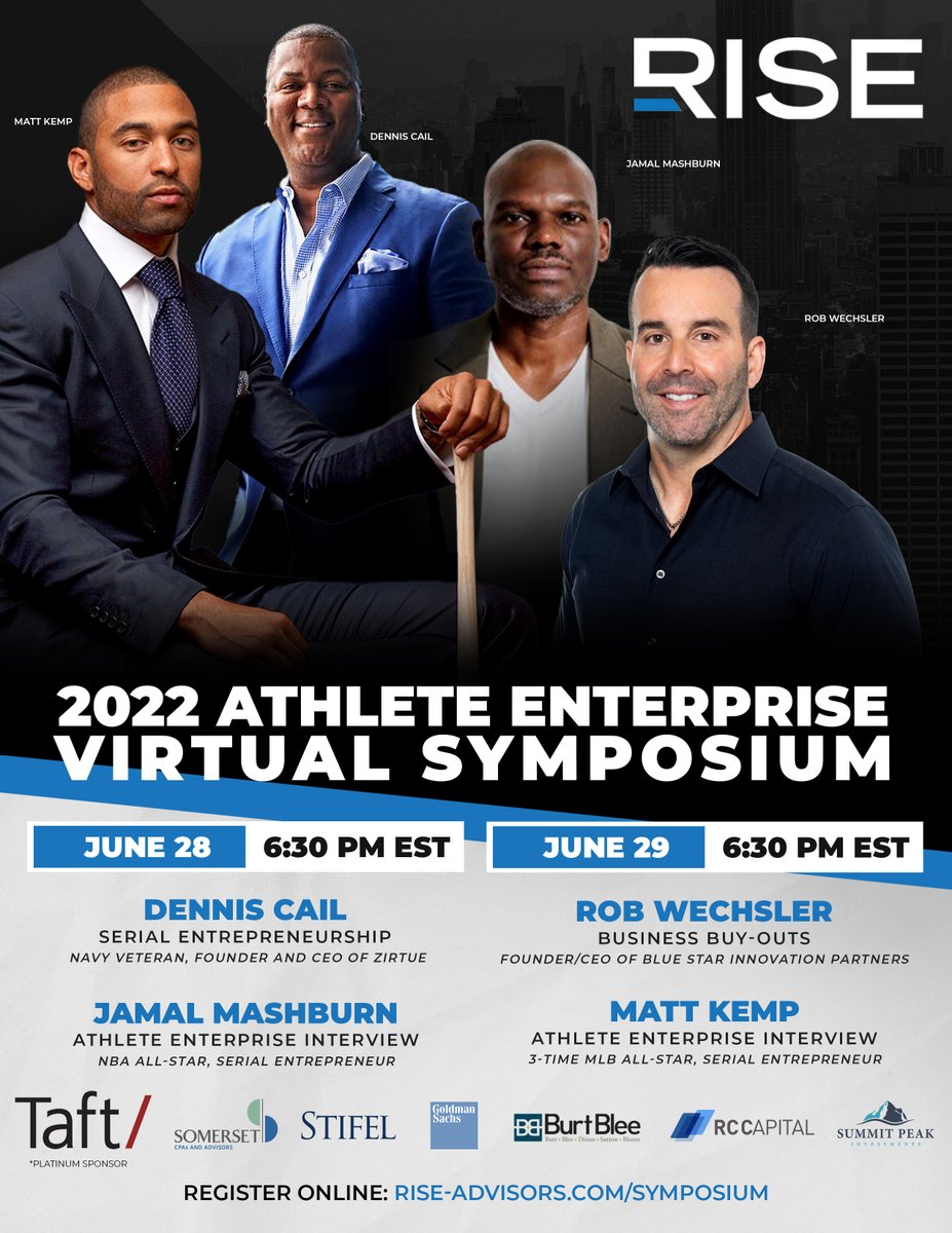 Join us for this year’s Symposium! 
Speakers: <a href="/denniscail/">Dennis Cail</a>, <a href="/jamalmashburn/">Jamal Mashburn</a>, Rob Wechsler, and <a href="/TheRealMattKemp/">Matt Kemp</a>

Thank you to our sponsors! 
<a href="/Taftlaw/">Taft</a> @SomersetCPAs <a href="/Stifel/">Stifel</a> <a href="/GoldmanSachs/">Goldman Sachs</a> BurtBlee <a href="/RiverCitiesCap/">RC Capital</a> and Summit Peak Investments 

Learn More: bit.ly/3vU6yGB