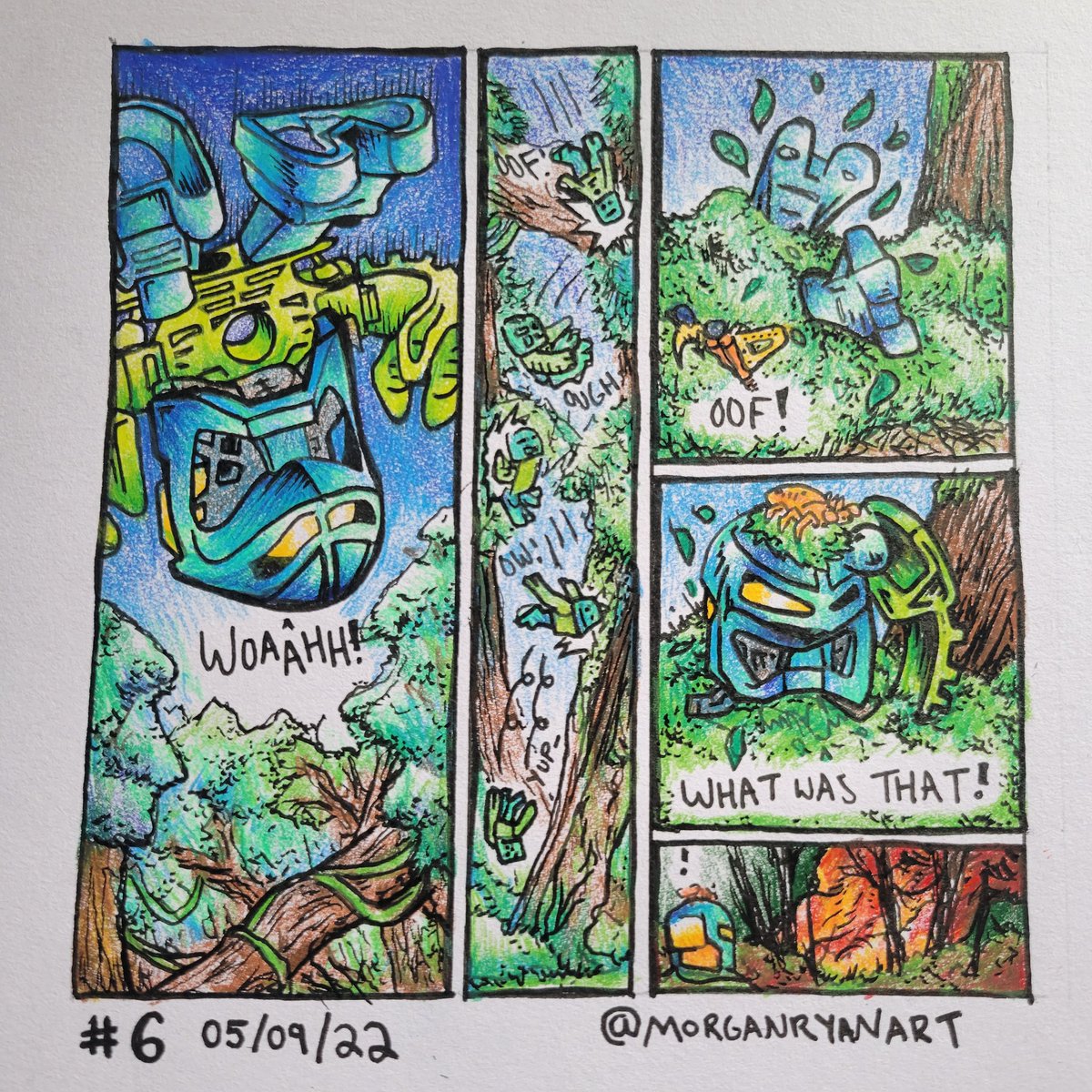 MorganRyanArt's tweet photo. Oof! Kongu falls to the ground and sees the crash site of the mystery cannister! #bionicle #lego #kongu #throwbot #slizer #fancomic #drawing #colorpencil #ink https://t.co/QWntkIoOnt