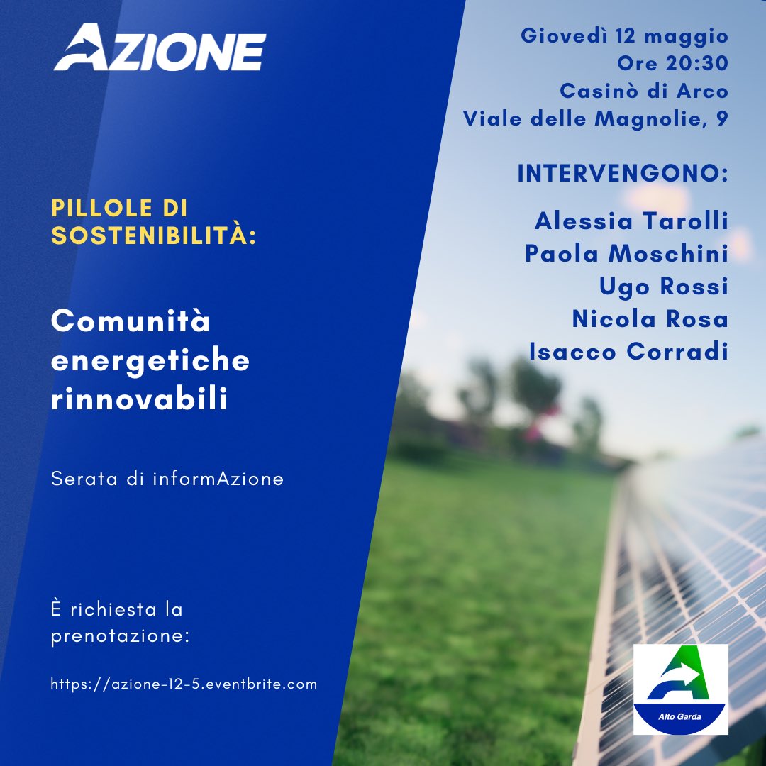 Ad #Arco si terrà una serata informativa di #Azione sulle #cer , come risposta alla #crisieconomica ed energetica che stiamo affrontando oggigiorno. 
Una risposta #sostenibile ed attuabile per le piccole comunità territoriali.
Interverrà, tra altri, <a href="/UgoGma/">ugo rossi</a>.