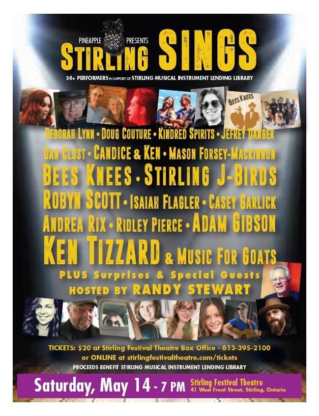 STIRLING SINGS   Saturday May 14, 2022    7 PM    Main Stage

A musical fundraiser to support the Stirling Musical Instrument Lending Library

All tickets  $20
Plus HST. $5 per order online fee.