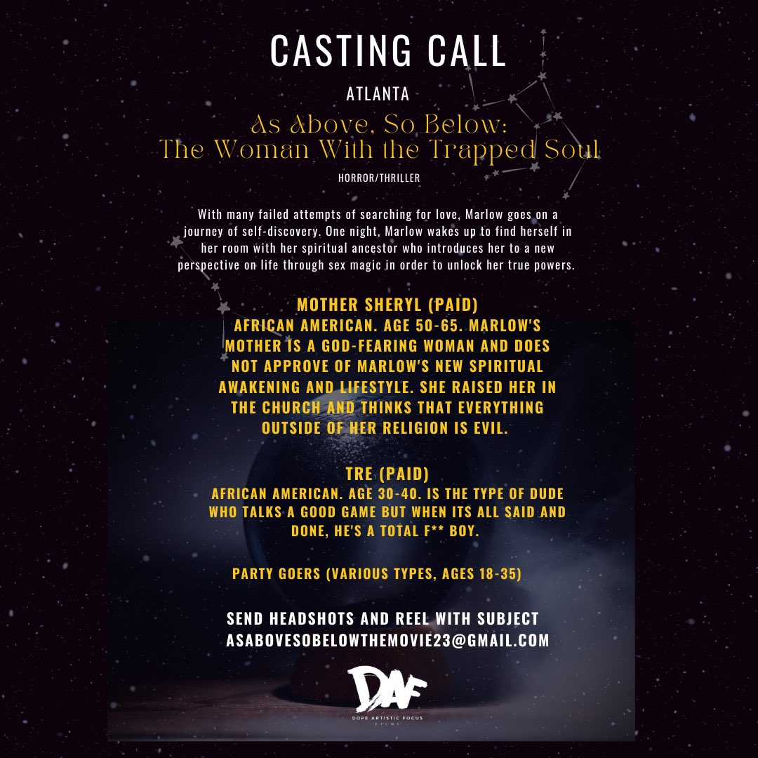 colbieinez's tweet photo. Casting Call for @dopeaffilms latest project @asabovesobelow_film
Production set for Saturday, June 11th.
Please email your headshots and reel to the above email on flyer with subject headline you’re auditioning for.
#atlcasting #horrorfilm #castingcall #atlantaactors https://t.co/jWcAtBeQ6K