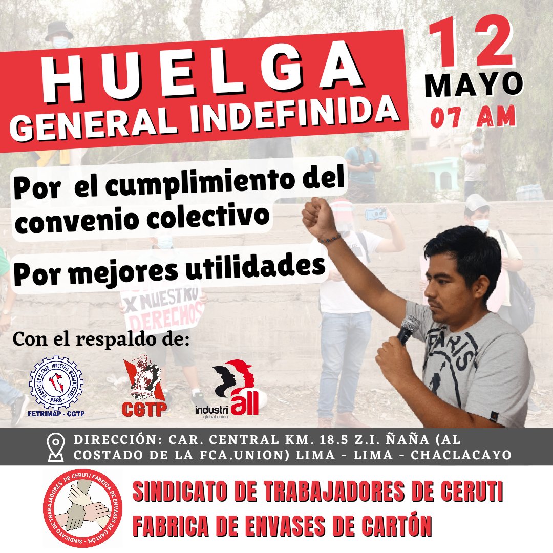 FETRIMAP_CGTP's tweet photo. Convocamos a las bases a solidarizarse con la huelga general del @SINDICATOCERUTI , la cual inicia el 12 de mayo 2022 a las 07:00h.

FETRIMAP #CreandoPoderSindical https://t.co/msRlLxs53I