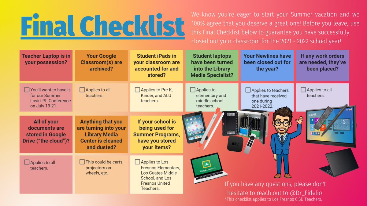 Dr_Fidelio's tweet image. Need a checklist? Here it is!
Summer is just around the corner! 
@LosFresnosCISD Teachers click the link below to download the End-of-Year Procedures for 
@GoogleForEdu @AppleEDU @NewlineIDEAMAX and much more! bit.ly/3w8Ulww
#edtech @Dr_Fidelio
