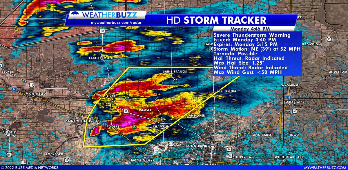 myweatherbuzz's tweet photo. MPX: Severe Thunderstorm Warning [tornado: POSSIBLE, wind: <50 MPH (RADAR INDICATED), hail: 1.25 IN (RADAR INDICATED)] for Anoka, Hennepin, Sherburne, Wright [MN] till 5:15 PM CDT.

Live Radar: https://t.co/aBAXfQCbJP
Local Alerts: https://t.co/BeeZIvsL0L

#mnwx #weatherbuzz https://t.co/eFRXbg6ZDU