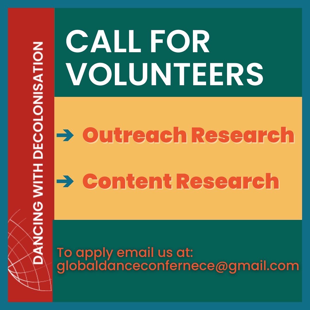 DDecolonisation's tweet photo. We are looking for volunteers!                       
When:
Outreach research - NOW TILL JUNE 
Content research - ONGOING 

Where: 
REMOTE 

How: 
Apply by emailing us at globaldanceconference@gmail.com and let us know what role you are interested in volunteering for! ✨ https://t.co/lEnvHV77rg
