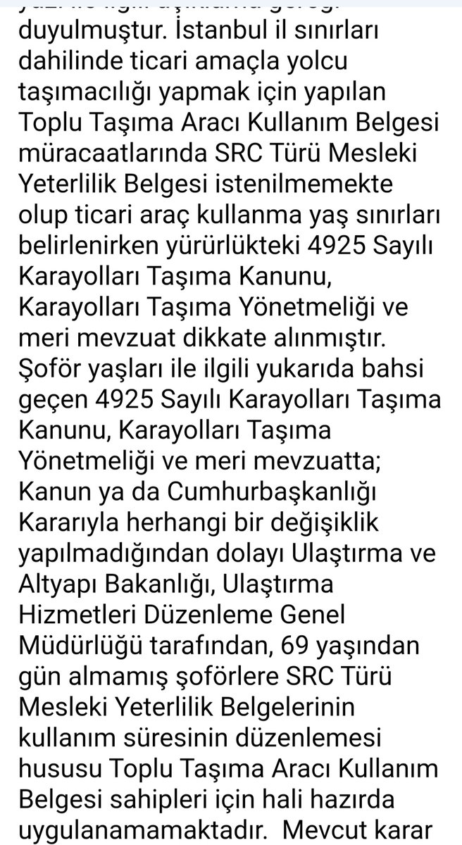 <a href="/HaklariTaksi/">TAKSİ HAKLARI DERNEĞİ</a> <a href="/TC_icisleri/">T.C. İçişleri Bakanlığı</a> <a href="/UAB_IBOLGE/">Ulaştırma ve Altyapı Bakanlığı l.Bölge Müdürlüğü</a> <a href="/csgbakanligi/">T.C. Çalışma ve Sosyal Güvenlik Bakanlığı</a> @Mrt_Ongun <a href="/ekrem_imamoglu/">Ekrem İmamoğlu</a> @ibbBeyazmasa <a href="/ibbchpgrubu/">İBB CHP Meclis Grubu</a> <a href="/TARIKBALYALI/">Tarık Balyalı</a> <a href="/CHP_istanbulil/">CHP İstanbul İl Başkanlığı</a> <a href="/akaraismailoglu/">Adil Karaismailoğlu</a> <a href="/UABakanligi/">T.C. Ulaştırma ve Altyapı Bakanlığı</a>  <a href="/TC_icisleri/">T.C. İçişleri Bakanlığı</a> <a href="/UAB_IBOLGE/">Ulaştırma ve Altyapı Bakanlığı l.Bölge Müdürlüğü</a> <a href="/icisleriSTi/">Sivil Toplumla İlişkiler Genel Müdürlüğü</a> <a href="/TBMMGenelKurulu/">TBMM Genel Kurulu</a>
Ticari taksilerde şoför yaşının 69 a çıkarılması ile ilgili  İBB nin cevabı alttaki gibi.
Bu tıkanıklığın aşılması için, Konuyla ilgili Bakanlığımızdan bir düzenleme yapılmasını rica ederiz.