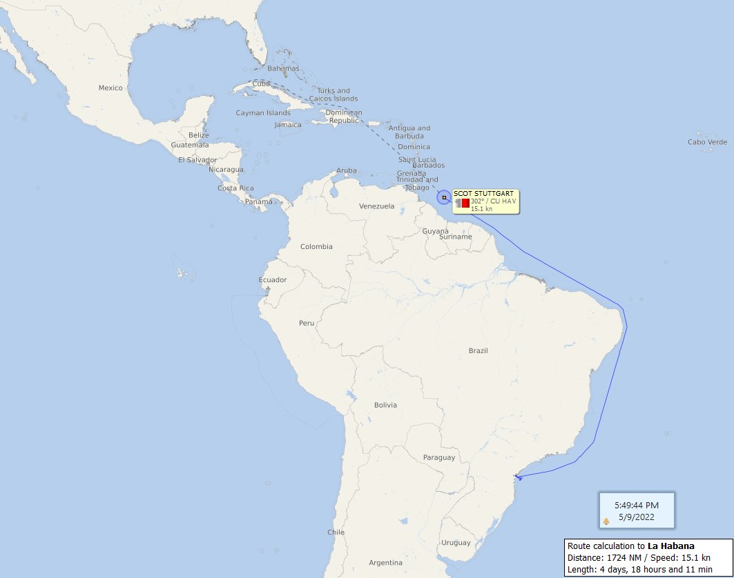 FlconEYES's tweet photo. ⚓️#ScotStuttgart #IMO9274549 9274549
Navega cerca de Trinidad y Tobago, rumbo a la Habana.
#HappeningNow #OSINTCuba #cubarcos #Cuba #9May https://t.co/efWq6HpgFO