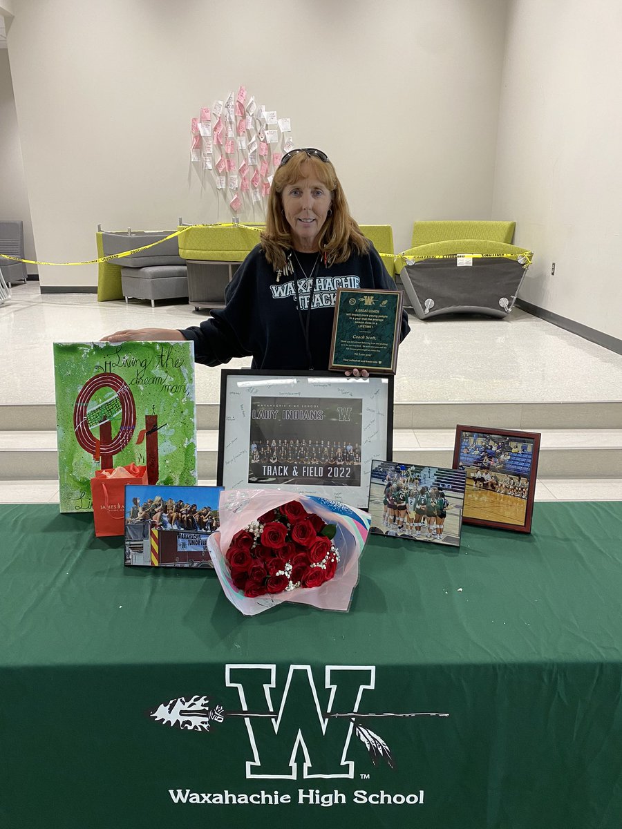 waxahachievb's tweet photo. The VB  and Track teams celebrating one of the very best Coaches of all time! Thank you, Coach Scott, for everything you have done for the students at WHS! We are going to miss you! Happy Retirement! 💚 https://t.co/hDzq6WFzET